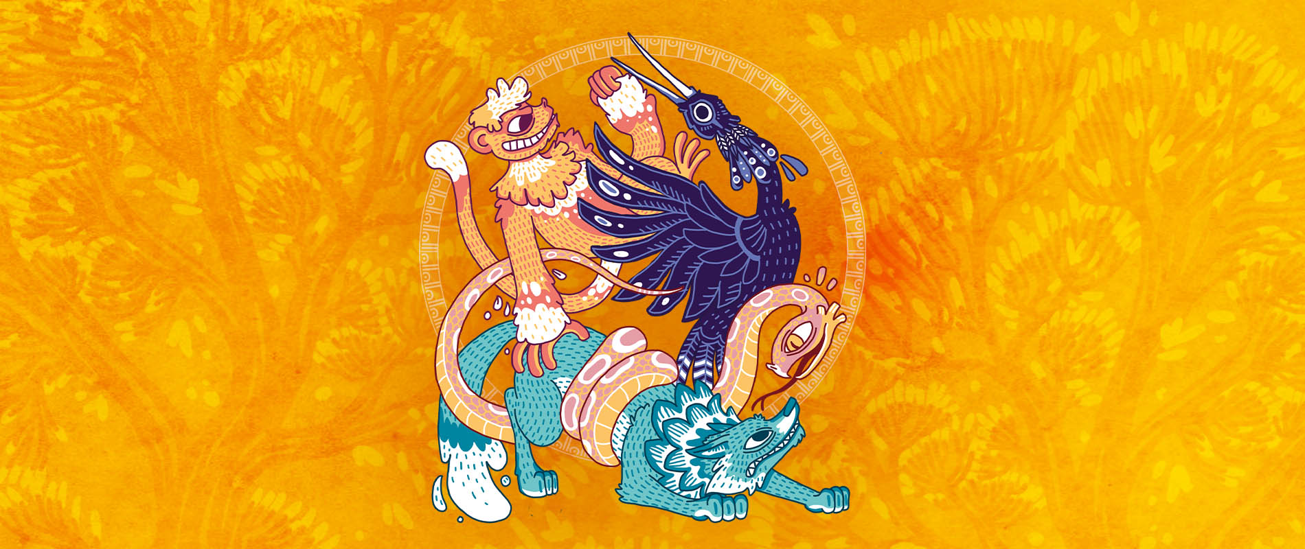 Les 4 familles d’APOU - Serpent, Loup, Oiseau, Singe - au design de la boîte. Un jeu pour s'amuser avec toute la famille.